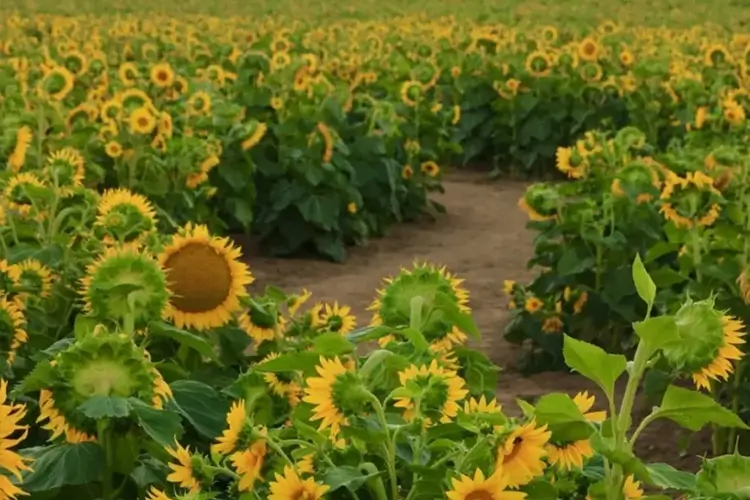 A field of sunflowers extending toward the horizon